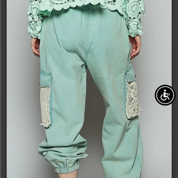 POL Dusty teal Distressed Cargo Pants with Lace Accents - Picture 3 of 15